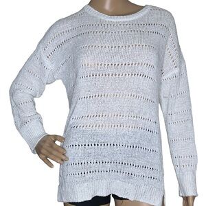 Pointelle white open knit sweater, medium
